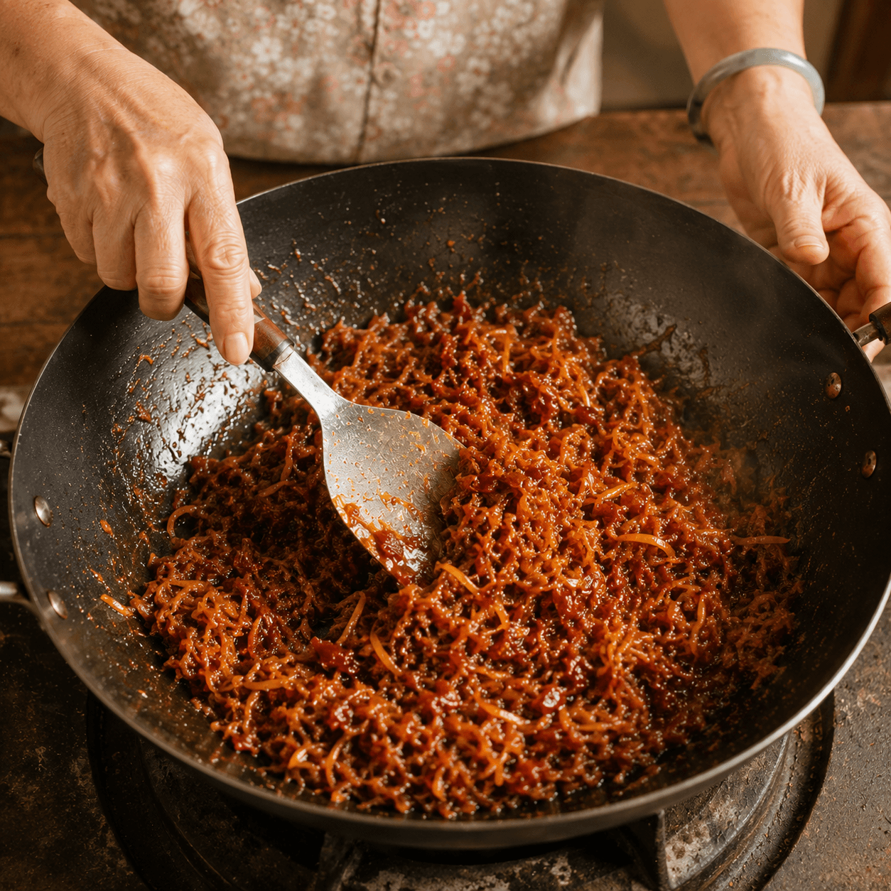 Popo slow-frying hae bee hiam in a well-seasoned wok